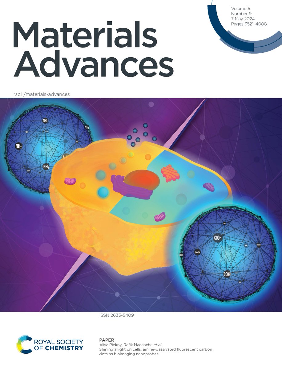 Featured on the inside front cover of issue 9 of #MaterialsAdvances 'Shining a light on cells: amine-passivated fluorescent carbon dots as bioimaging nanoprobes' by Alisa Piekny, Rafik Naccache et al. doi.org/10.1039/D3MA00…