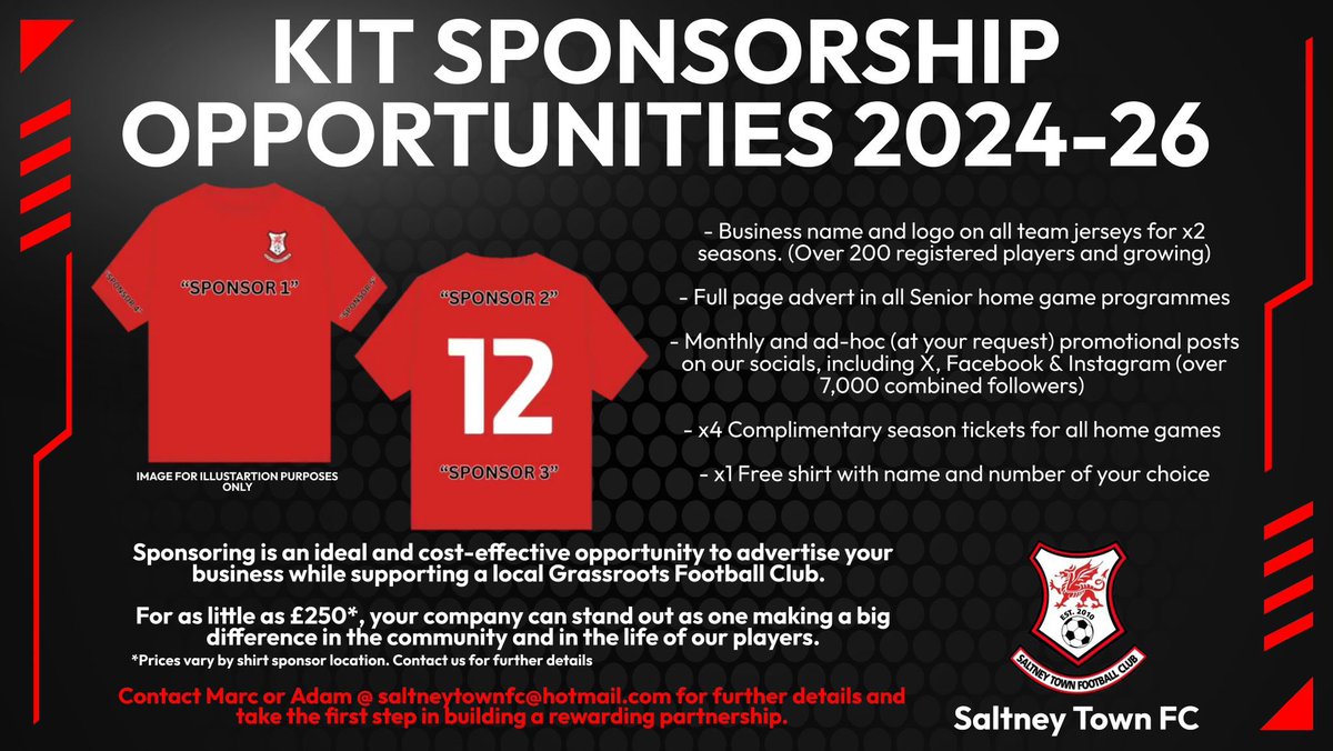🚨🚨Sponsorship Opportunities🚨🚨 We are looking for support from any local business that able to sponsor our Club. Please see below for match day kit options. Any sponsor will go on all kids age groups and senior shirts - 200+ for 2 seasons. 🔴⚫️🔴