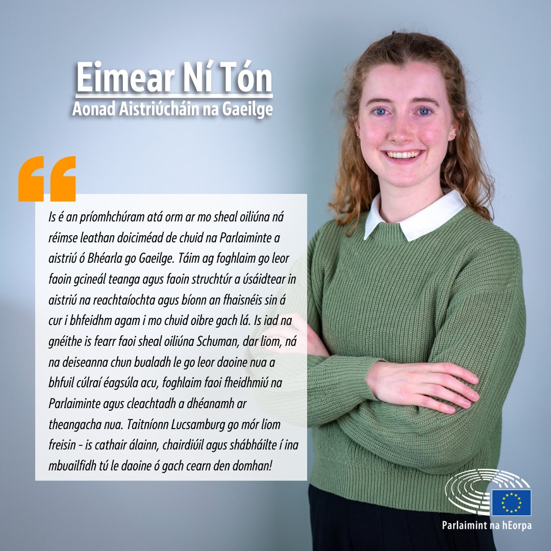 An bhfuil tú ag machnamh faoi chur isteach ar sheal oiliúna linn? 

Níl ach comhairle amháin ag ár n-oiliúnaithe reatha duit – ar aghaidh leat 👉 loom.ly/bEicIkM      

#SchumanTraineeship #Gaeilge #Irish #ParlaimintnahEorpa #EuropeanParliament