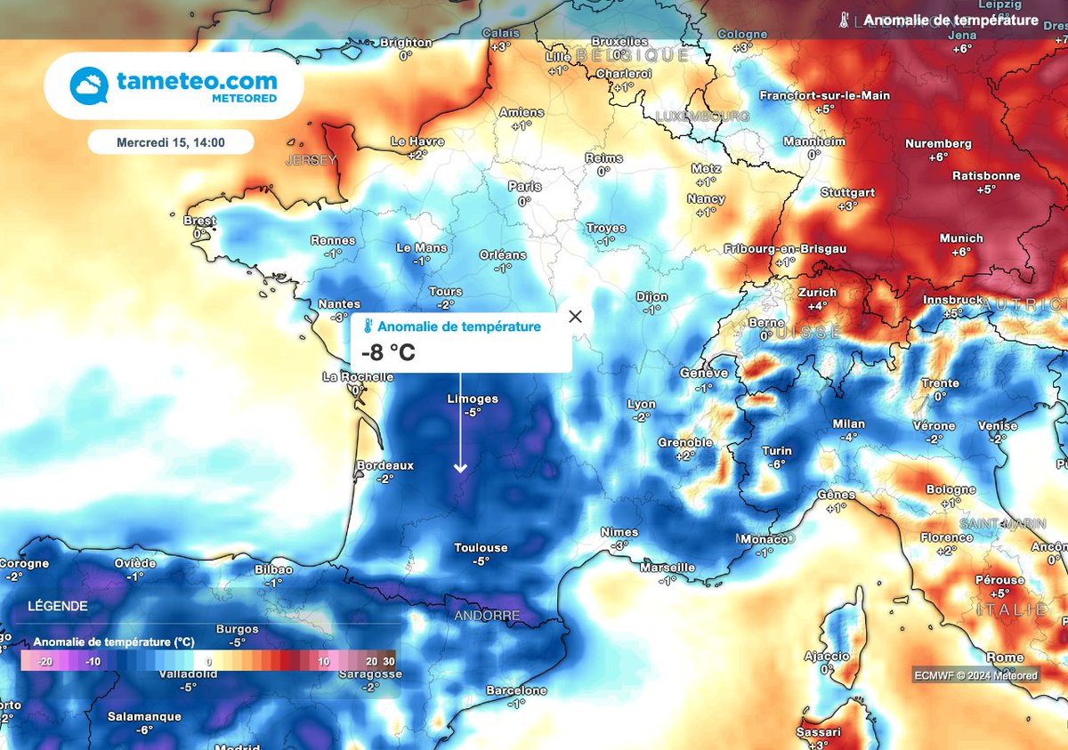 Les températures restent bien inférieures aux normales de saison ! 📉 Fraîcheur marquée dans le sud-ouest du pays ! 🥶 #froid  Toutes nos cartes 👉 tameteo.com/cartes-meteoro…