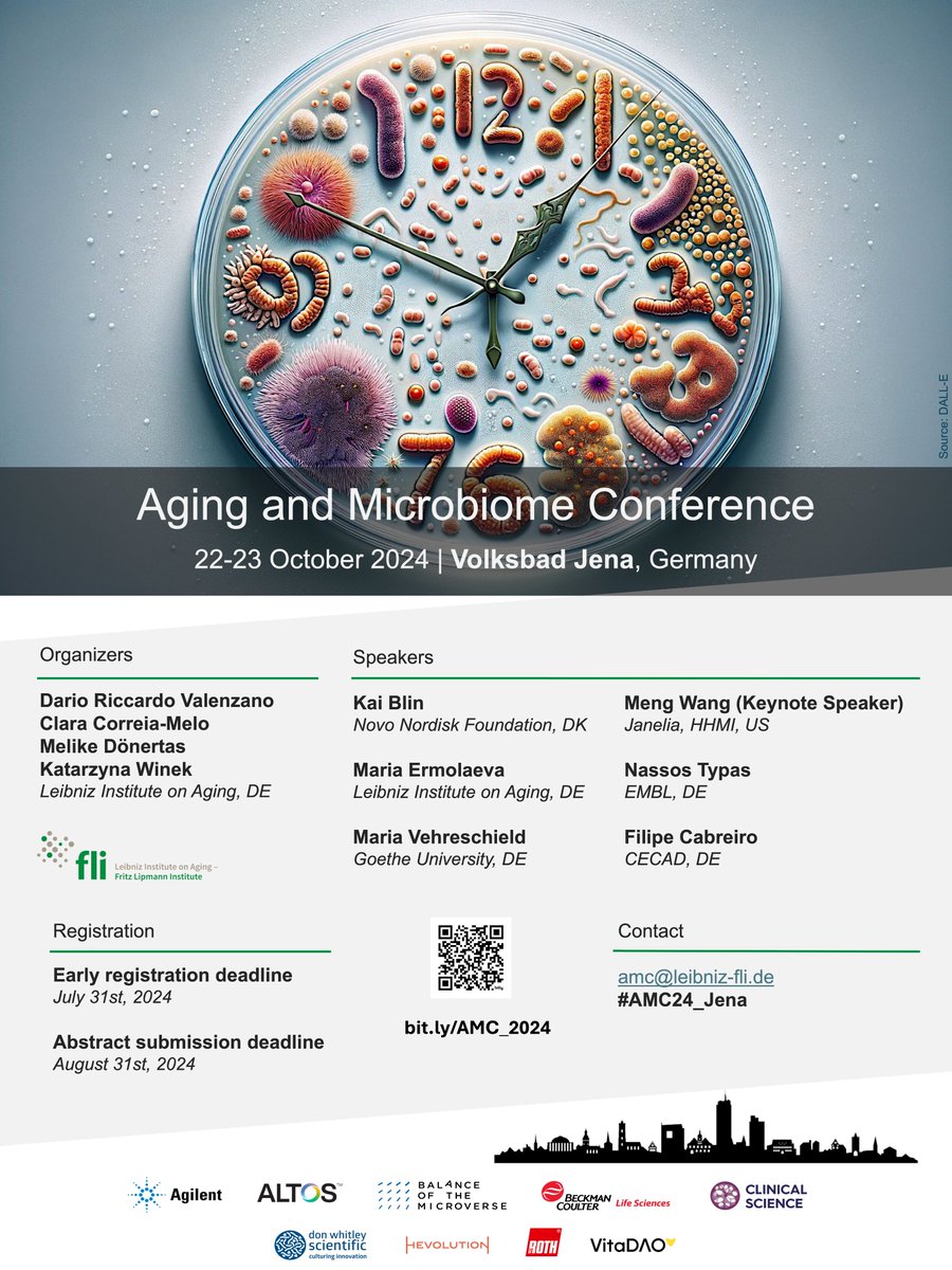 Super excited to welcome #microbiome & #aging researchers to Jena for AMC24 to explore the latest trends in the field and discuss cool science! #AMC24_Jena 📍 Location: Volksbad Jena, Germany 🗓️ Date: Oct 22-23, 2024 📝 Registration now open: amc24.leibniz-fli.de