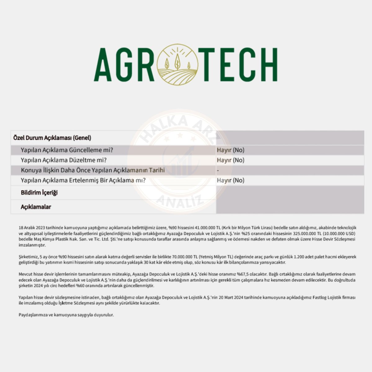 📢 Agrotech Yüksek Teknoloji #AGROT Aralık ayında %90 hissesini 41.000.000TL karşılığında satın alıp teknolojik ve altyapısal iyileştirmelerle faaliyetlerini güçlendirdiğini açıkladığı bağlı ortaklığı Ayazağa Depoculuk ve Lojistik'in %25 oranında hisselerini 325.000.000TL bedelle