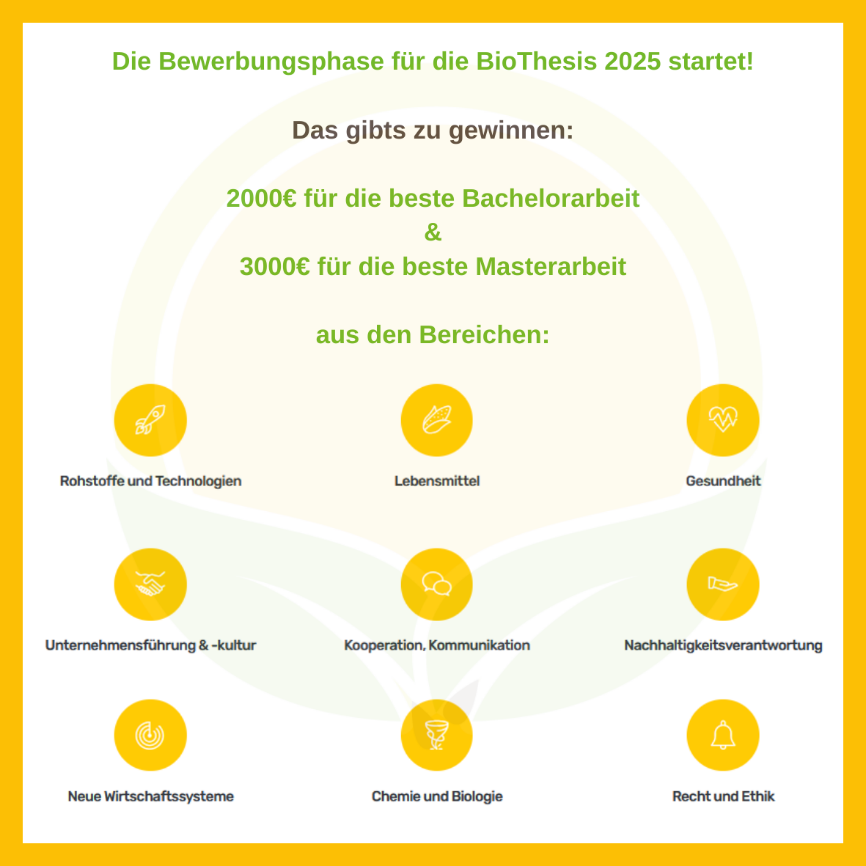 Forschen🔎Bewerben✍️Gewinnen🥂

Du hast Dich mit Themen der Erzeugung, Verarbeitung oder Vermarktung  beschäftigt oder zu Aspekten der Nachhaltigkeit, wie Umwelt- &amp; Sozialverträglichkeit geforscht? #BioLebensmittelwirtschaft #BioThesis

Bewirb dich jetzt!
biothesis.org