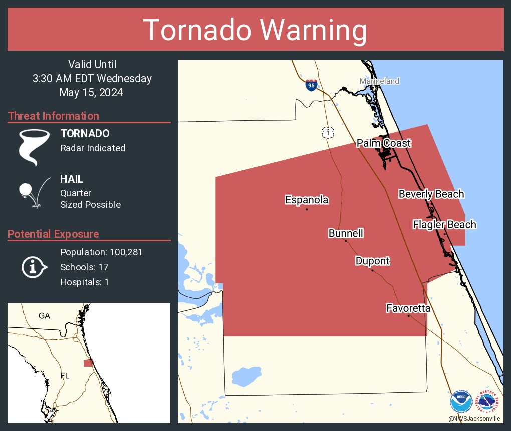 Tornado Warning continues for Palm Coast FL, Flagler Beach FL and Bunnell FL until 3:30 AM EDT