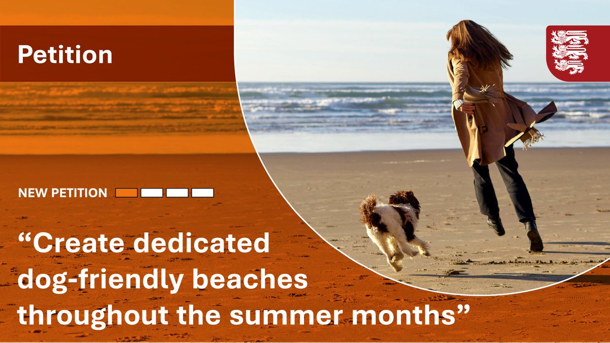 New petition: 'Create dedicated dog-friendly beaches throughout the summer months' Read more or sign here: bit.ly/3QKrU3g Petitions with 5000+ signatures are considered for debate by the #StatesAssembly, which may lead to a change in the Law.