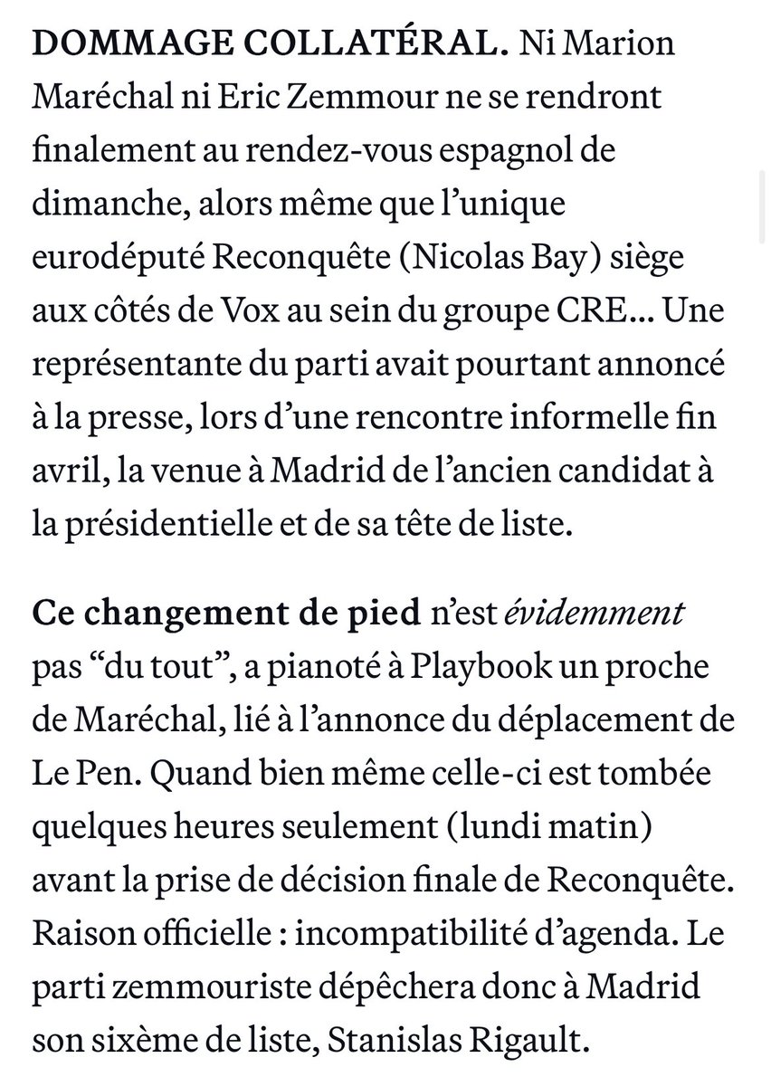 Ce matin dans Playbook, @Sarah_Paillou vous disait tout des enjeux de la virée madrilène que doit s’offrir M. Le Pen ce week-end, au meeting de Vox. À noter : ni É. Zemmour ni M. Marechal ne s’y rendent, en fin de compte (politico.eu/newsletter/pla…) @POLITICOEurope