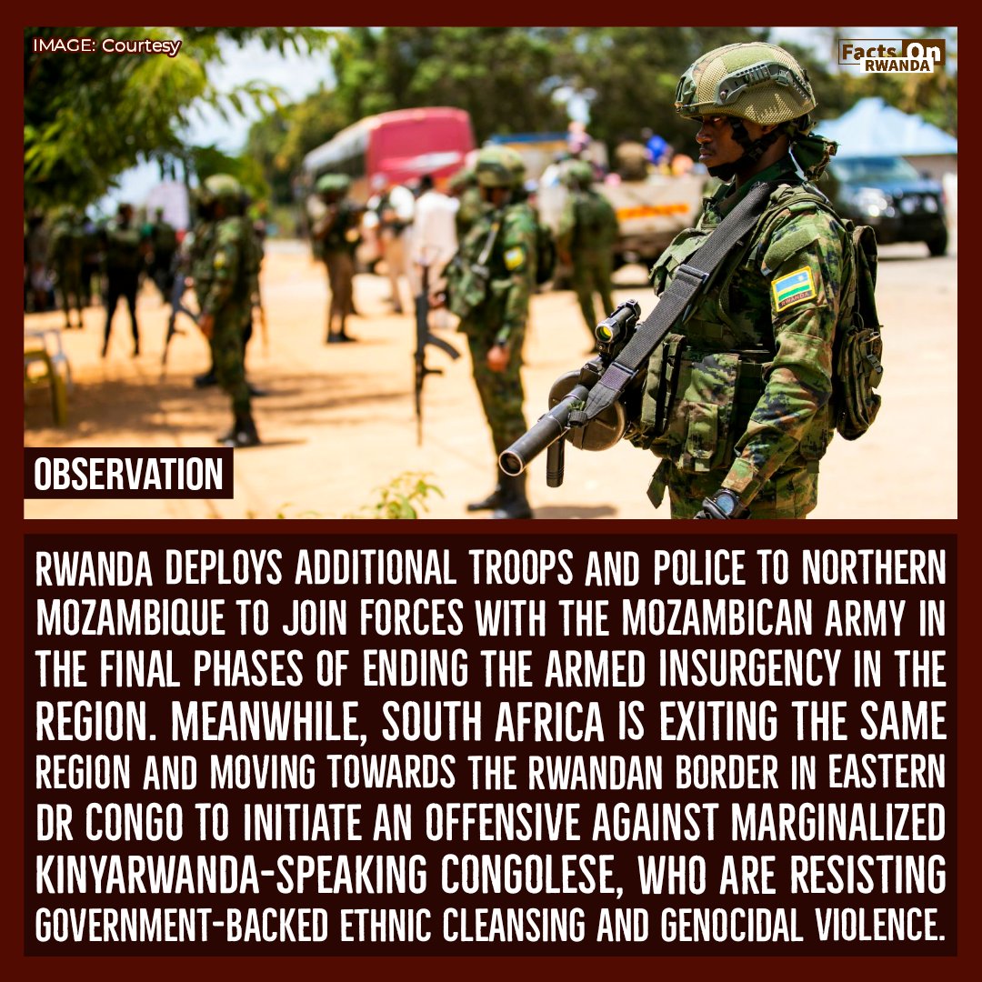 RWANDA 🇷🇼🇲🇿 MOZAMBIQUE

Despite a military buildup on its DR Congo border—including FDLR, European mercenaries, and SADC troops—and invasion threats from President Tshisekedi, Rwanda expands its military operations in Mozambique to eradicate an 8-year insurgency. #FactsOnRwanda