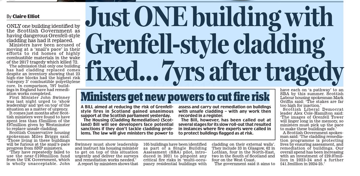 AgentP22's tweet image. Despite receiving £95 million 7 years ago from the UK Government to replace dangerous Grenfell type cladding from buildings, the SNP has only repaired only one building.

One.

In England they have repaired 797 buildings.

What have they done with the money?