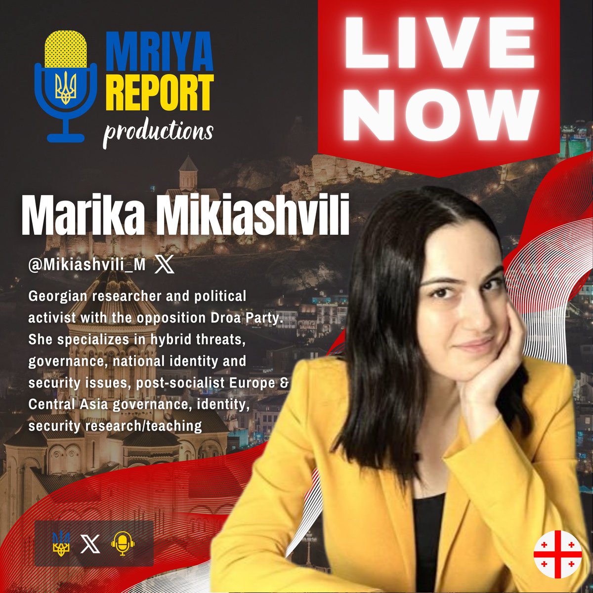🇬🇪 LIVE NOW 🇬🇪 Please join us for a conversation with our very special guest Marika Mikiashvili @Mikiashvili_M! Marika is a #Georgian researcher and political activist with the opposition Droa Party. She specializes in hybrid threats, governance, national identity and security…