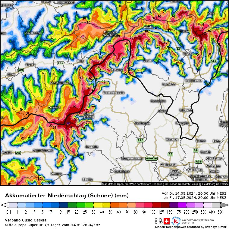 LanderVanTricht's tweet photo. De weermodellen berekenen langs de centrale zuidkant van de #Alpen komende 72 u nog steeds 200-250 mm. Langs de hoofdkam kan boven 2500 m lokaal een meter #sneeuw vallen. Lagerop veel #regen en kans op #modderstromen. https://t.co/laANDW7Zzj