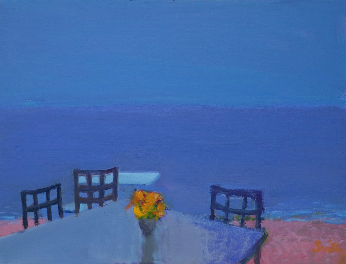 'Abstracted' features work by Chris Brook, Dominique Cameron, John Kingsley, Simon Laurie, Ailsa Magnus, Lorraine Robson & Ronald F Smith. Simply composed and the bold blue hues evoke lazy mediterranean holidays. Ronald F Smith PAI RSW RGI Seaside Cafe Oil 18 x 24 inches SOLD