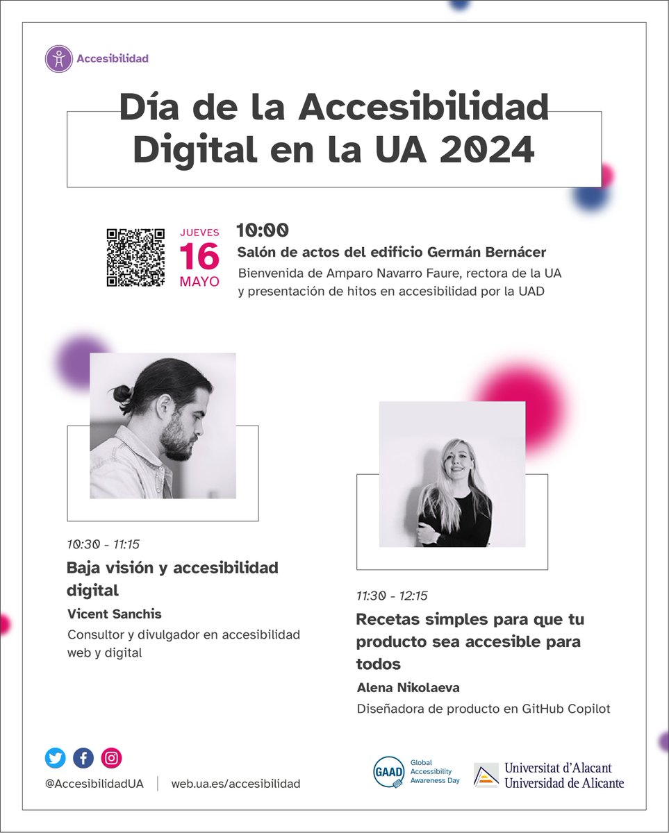 Mañana celebramos el Día Mundial de la Accesibilidad Web y Digital con una jornada en la que participarán Alena Nikolaeva @alenanik11, que trabaja en GitHub Copilot y Vicent Sanchís @visanju, experto en visión y accesibilidad. Toda la info en s.ua.es/es/MWOt