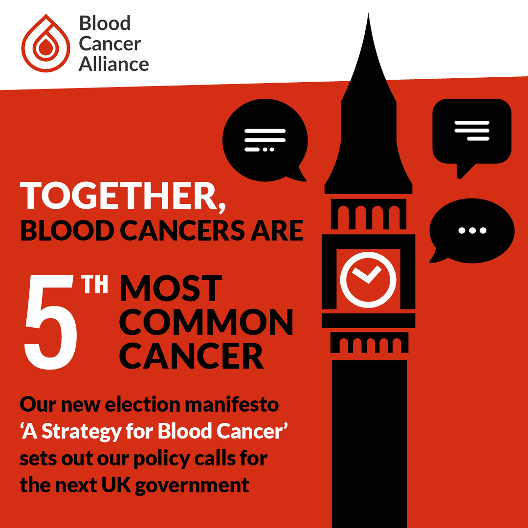 Today, we're launching our new #bloodcancermanifesto. Together, blood cancers are the UK's fifth most common cancer, the most common childhood cancer, and the 3rd biggest cancer killer. Read our Strategy for Blood Cancer to see our asks of the next UK Gov. bloodcanceralliance.org/manifesto