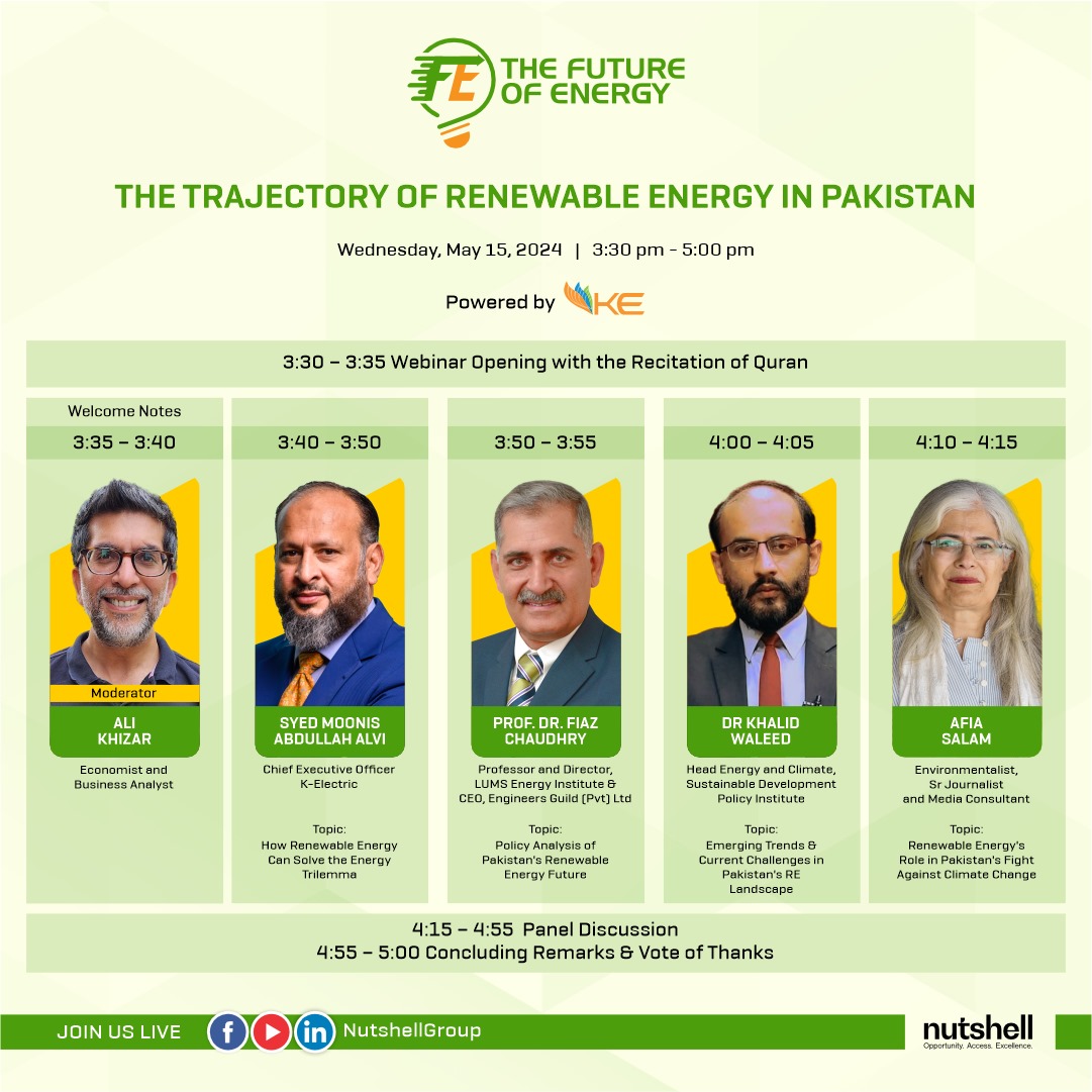 Check the full Agenda of '#FutureofEnergy – The Trajectory of Renewable Energy in Pakistan.' 

The Webinar will be LIVE from 3:30 to 5:00 pm. Join us as we navigate Pak's journey towards sustainable, affordable & reliable energy with leading experts.

1/2