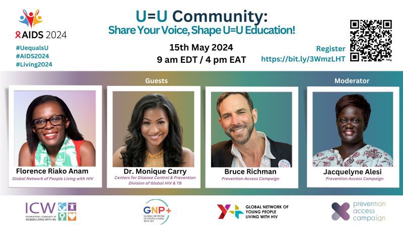 Join us  today for a sneak peek at U=U University  &  share your thoughts on #UequalsU topics that matter to our communities! 

📅 15 May 2024 
🕘 9 AM ET/4 EAT  
 ☑ Register: bit.ly/UU51524  

#CommunitiesFirst #PutPeopleFirst #Living2024 #AIDS2024