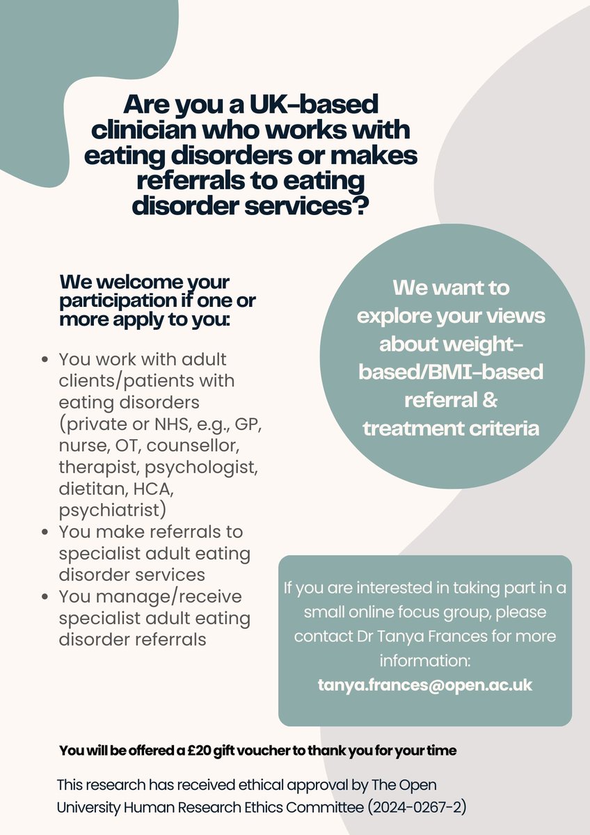 This is our last call for participants. We have the last couple of spaces available for one of our focus groups THIS MONDAY (20th May) at 10am or 4pm. If you are interested email: tanya.frances@open.ac.uk #EatingDisorderResearch #MentalHealthProfessionals