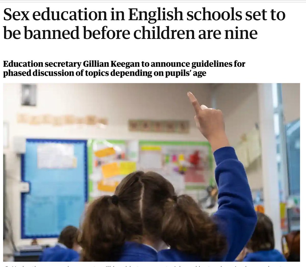 Sex education in English schools set to be banned before children are nine, reports The Graun. Reminder of Section 28 Tories passed a law in 1988 to stop councils & schools from 'promoting the teaching of the acceptability of homosexuality as a pretended family relationship.'