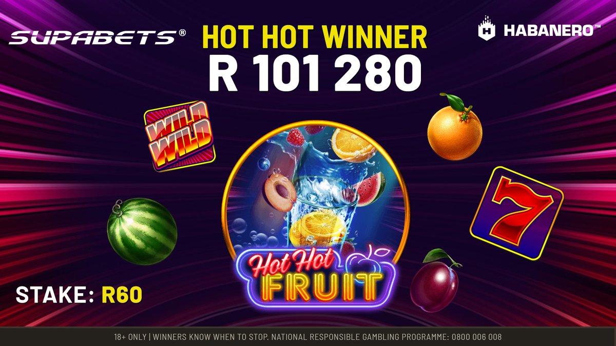 🤯R60↗️R101 280
A 🔥🌶️Hot Hot Winner with #HotHotFruit. Congratulations to another #Supacrew on their BIG WIN.
Become a HOT WINNER today, PLAY NOW: eacdn.pulse.ly/xnsgrbd78i

#PlayVegas #BigWin #Habanero