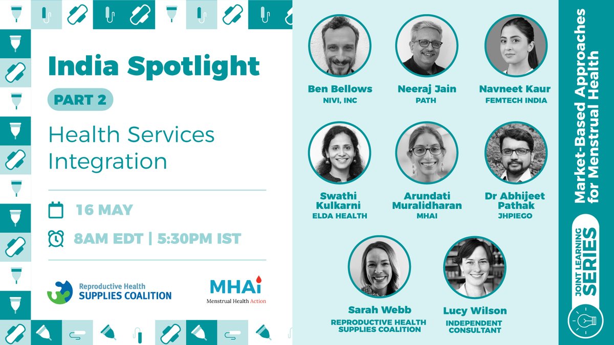 Part 2 of our India Spotlight on the #menstrualhealth market in India takes a bold look at the opportunities &amp; challenges of integrating menstrual health services with women’s #sexualandreproductivehealth #SRHR services. Register for webinar here: rhsupplies-org.zoom.us/meeting/regist…