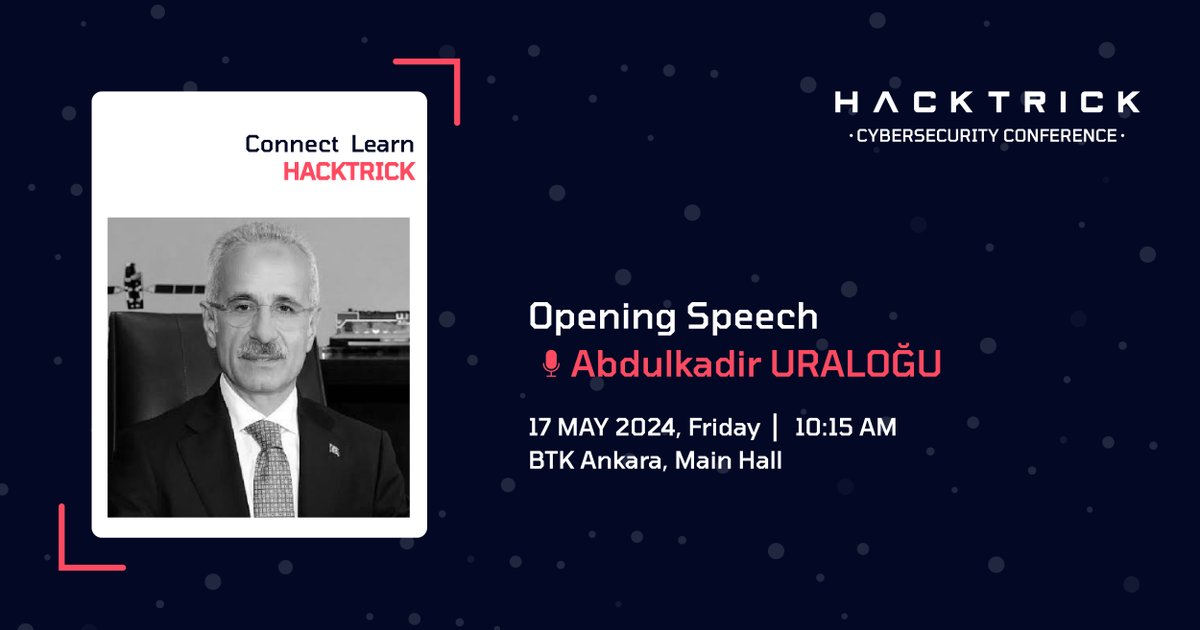 Hacktrick (@hacktrickconf) on Twitter photo 📢 Hacktrick etkinliğimizin açılış konuşmasını Ulaştırma ve Altyapı Bakanı Abdulkadir Uraloğlu yapacak.
Siz de yerinizi şimdiden ayırtın ve Hacktrick’te bize katılın! 🎟️
eu1.hubs.ly/H094J5m0
🗓️ 17 Mayıs 2024 📍BTK, Ankara
#hacktrick24 🚀 📢 Hacktrick etkinliğimizin açılış konuşmasını Ulaştırma ve Altyapı Bakanı Abdulkadir Uraloğlu yapacak.
Siz de yerinizi şimdiden ayırtın ve Hacktrick’te bize katılın! 🎟️
eu1.hubs.ly/H094J5m0
🗓️ 17 Mayıs 2024 📍BTK, Ankara
#hacktrick24 🚀