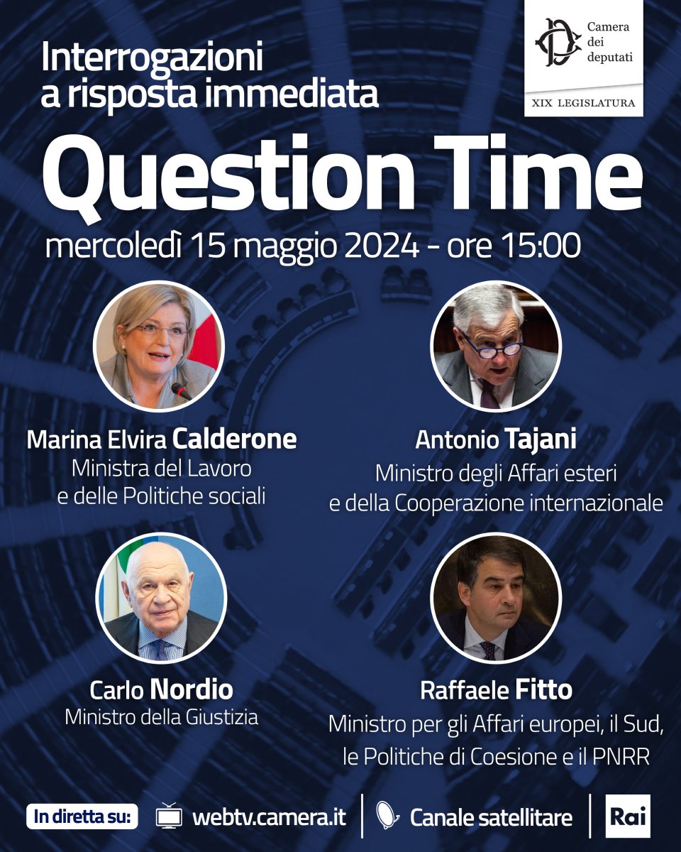 Oggi alle 15 #QuestionTime con i Ministri Marina Elvira Calderone - @MinLavoro, @Antonio_Tajani - @ItalyMFA, Carlo Nordio - @minGiustizia e @RaffaeleFitto - @DipPoliticheUE. Temi: bit.ly/TemiQuestionTi…