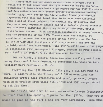 A friend's grandfather, writing to his Club in 1974 (50 years ago!), about the 'ludicrous prices that avaricious and greedy growers' had asked for the 1972 vintage. He was writing in the teeth of an oil crisis and the collapse of demand/ prices for Bordeaux wines. #bdx23