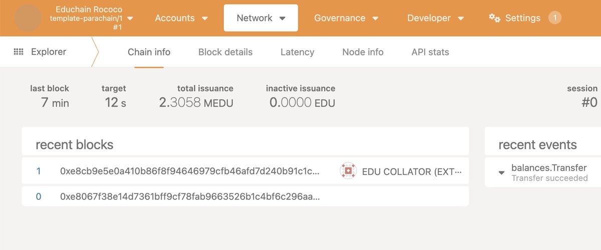 Radha (@drw3rk) on Twitter photo Educhain update: It took about 3 hours to launch an on-demand parachain from scratch using the <a href="/OpenZeppelin/">OpenZeppelin</a> generic runtime template, which has all the key features you expect to find on a typical L1 blockchain. The next step is establishing a channel with Rococo Asset Hub. The Educhain update: It took about 3 hours to launch an on-demand parachain from scratch using the <a href="/OpenZeppelin/">OpenZeppelin</a> generic runtime template, which has all the key features you expect to find on a typical L1 blockchain. The next step is establishing a channel with Rococo Asset Hub. The