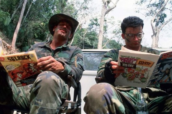 Relaxing between takes on the set of PREDATOR (1987).
