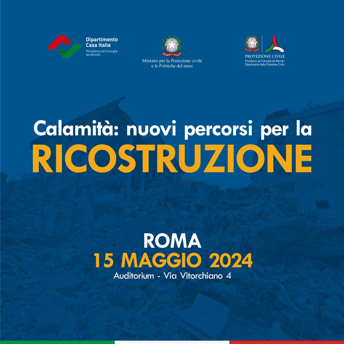 Oggi a Roma, con il ministro @Nello_Musumeci, per approfondire il percorso normativo e tecnico in materia di ricostruzione post calamità. Vi aspettiamo a partire dalle 9:30, in Via Vitorchiano 4.
L’evento è organizzato dal @DPCgov e dal Dipartimento Casa Italia.