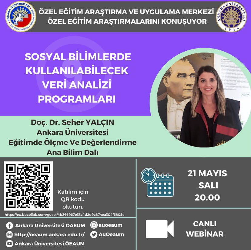 AÜ-ÖEAUM Özel Eğitim Araştırmalarını Konuşuyor 9: Sosyal Bilimlerde Kullanılabilecek Veri Analizi Programları. Bu kapsamda düzenlediğimiz webinarlarımızdan dokuzuncusu ile 21 Mayıs’ta sizlerleyiz. Katılım linki: eu.bbcollab.com/guest/4b266967…