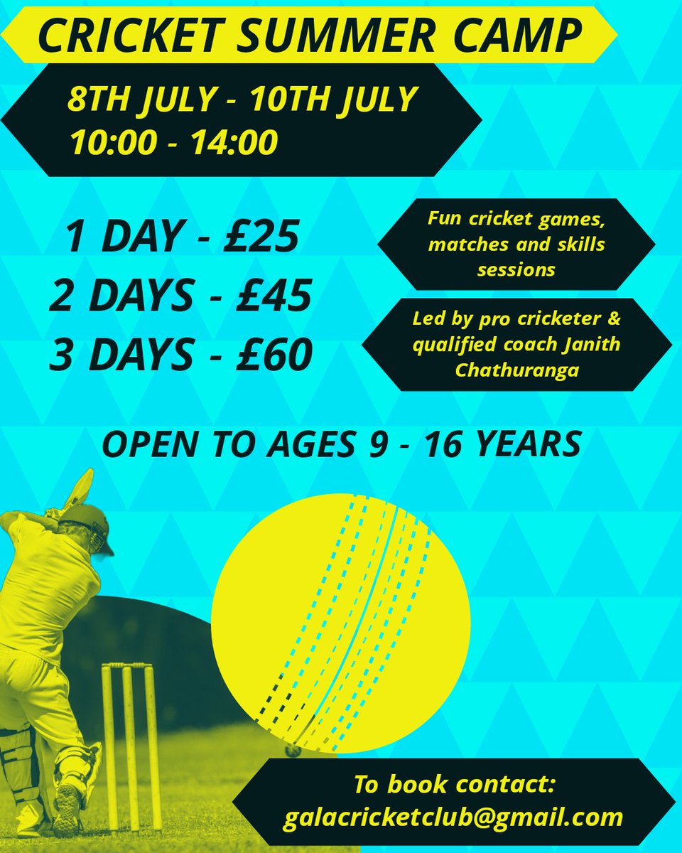 SUMMER CAMP ☀️🏏

Our cricket summer camp is back for 2024! Come along between the 8th - 10th July.

⚾️ Fun cricket games
🏏 Learn &amp; develop skills
▶️ Led by pro cricketer &amp; qualified coach Janith Chathuranga
▶️ To book please contact galacricketclub@gmail.com