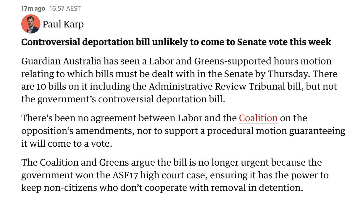 BREAKING from @Paul_Karp @GuardianAus: The deportation bill, which we have argued should be scrapped, seems to be off the agenda for this week.