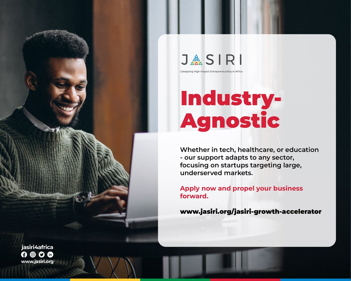 Jasiri Growth Accelerator (JGA) invites high-impact early-stage startups in Kenya🇰🇪 and Rwanda🇷🇼 to apply for cohort 3. 
JGA will invest USD 75000 in select start-ups to support their growth. 
This includes a tailored split between direct funding towards working capital and