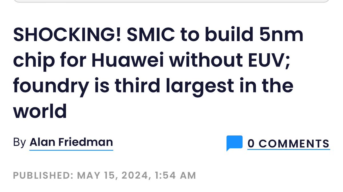 Boom 💥 China’s SMIC has mastered mass production of 5nm semiconductor chips! This, despite the fact that the US prevented the Netherlands from selling EUV lithography machines to China. In late 2022, US officials were boasting how they had crippled China, which would not be