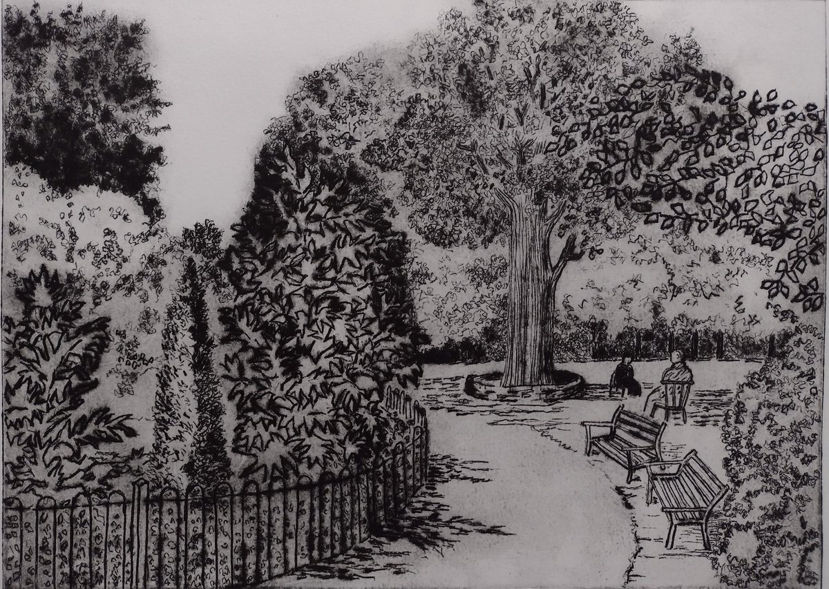 Sunny Day in the Ornamental Garden, drypoint the @Greenwichprints new Holidays exhibition.
#gardens #Park #holidays #art #drawing @SGFADrawing #summerbreak #trees #drypoint #London #localbusiness