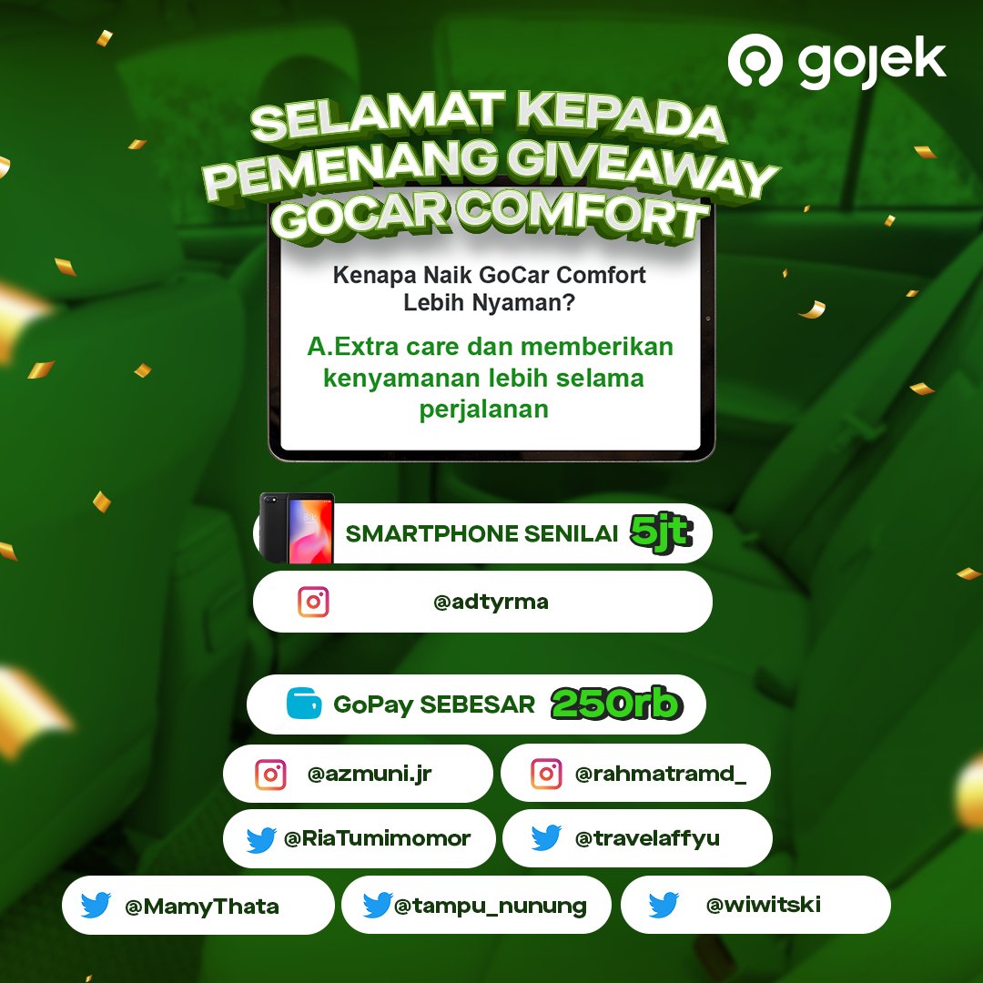 [PENGUMUMAN #GIVEAWAYGOJEK] Mimin mau ucapin selamat buat @RiaTumimomor @travelaffyu @MamyThata @wiwitski dan @tampu_nunung yang beruntung terpilih sebagai pemenang! 🥳 Kirimkan data diri kamu melalui DM ya gaes. ✨