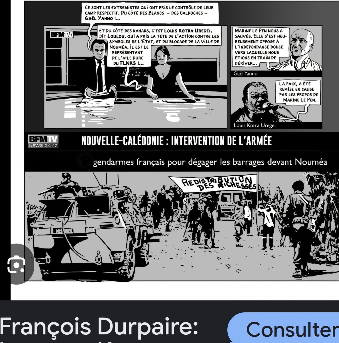 Je rappelle que dans une #BD prémonitoire anti #RN à propos de l'arrivée au pouvoir de Marine Le Pen (La présidente, sur un scénario de #FrançoisDurpaire) les auteurs avaient imaginé la répression violente par l'armée🇫🇷 en #NouvelleCalédonie avec des #chars Leclerc à #Nouméa 😂