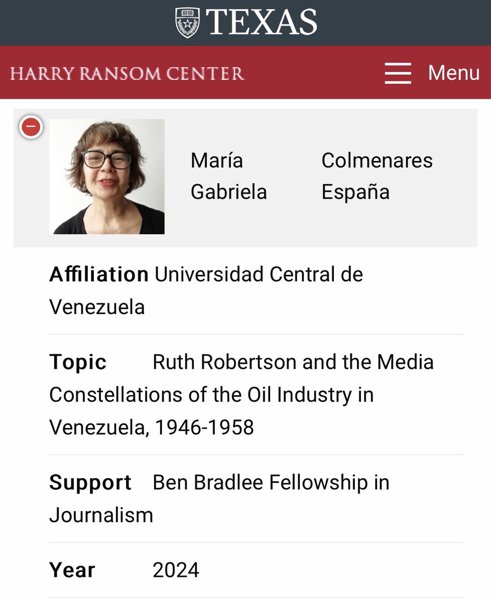 ¡Otra gran noticia! Felicitamos a nuestra colega, <a href="/Profe_EmeGe/">María Gabriela Colmenares España</a>, por recibir el Ben Bradlee Fellowship in Journalism 🤩

Nos sentimos muy orgullosas y celebramos este gran logro con profunda alegría 👏🏼. 

#ConVenezolanas 

hrc.utexas.edu/fellowships/re…
