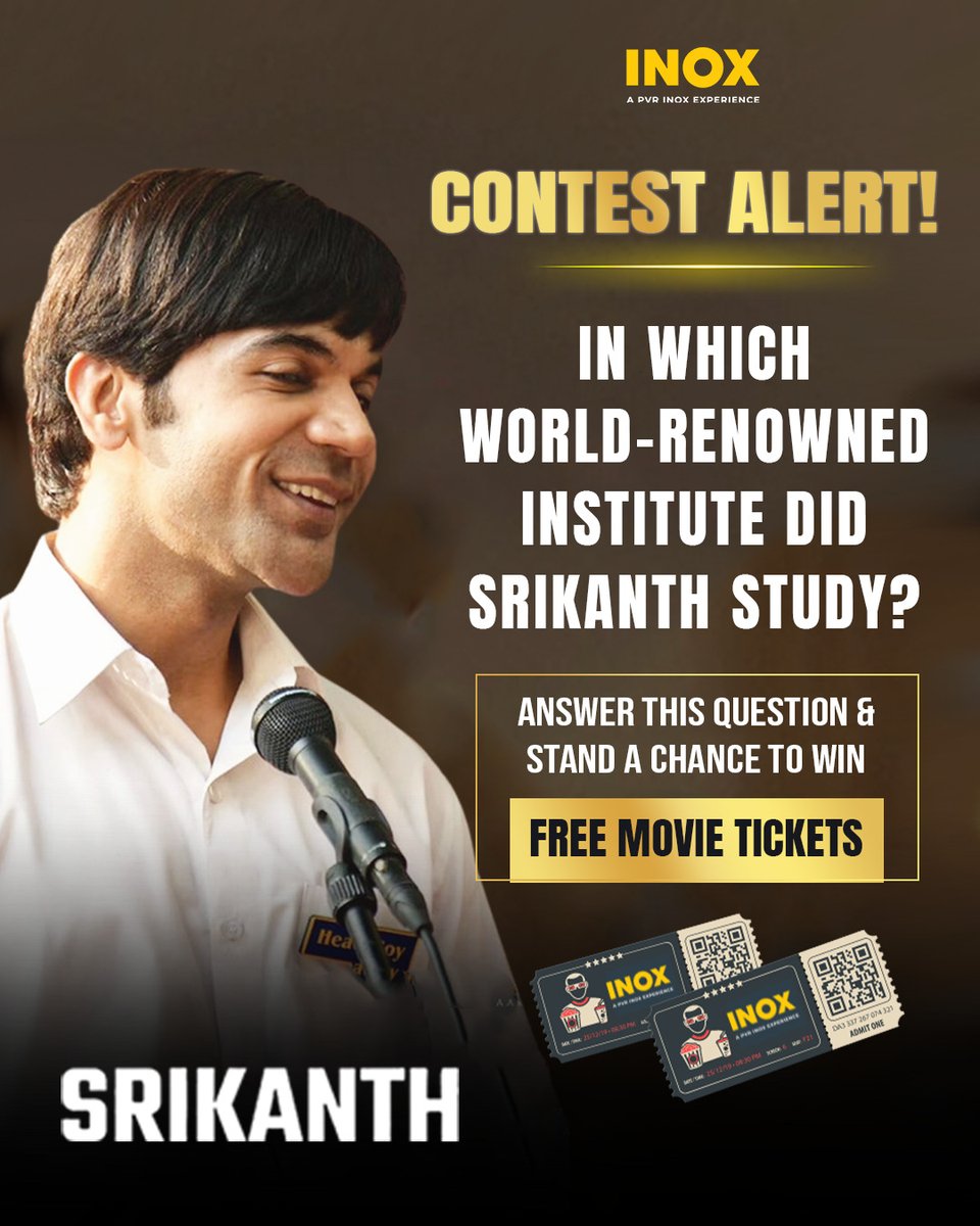 #Srikanth #ContestAlert at #INOX 

Get yourself ready for an exciting quiz contest as we bring some amazing questions.

Test your movie knowledge and stand a chance to win a free ticket!

📸 To enter:

1: Share your answer and mention your city in the comment.