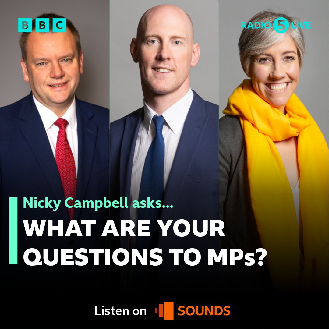 At 10am @NickyAACampbell is joined by MPs:

🔵 Conservative MP for Crewe and Nantwich @KieranMullanUK 
🔴 Labour MP for Torfaen @NickTorfaen 
🟡 Lib Dem MP for St Albans @libdemdaisy 

What do YOU want to ask them❓