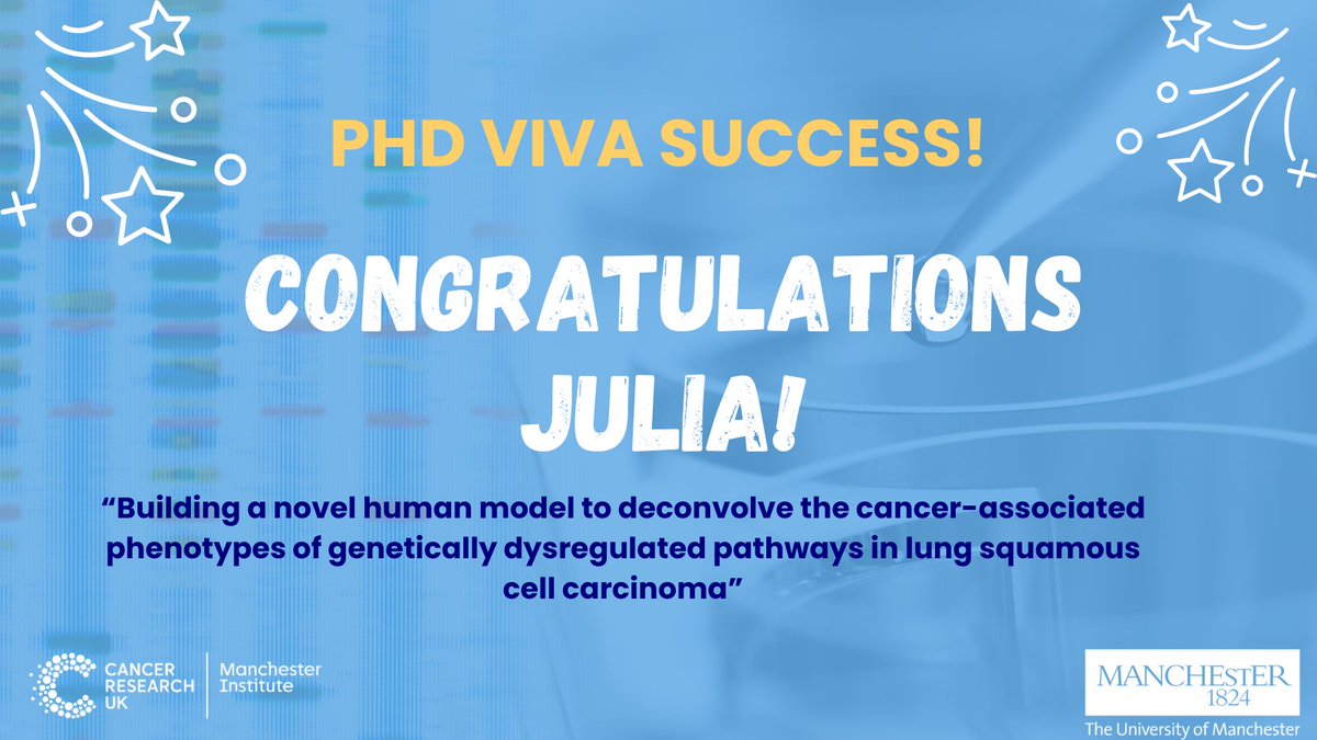 Congratulations to Julia Ogden, PhD student from the Translational Lung Cancer Laboratory, who passed her PhD viva with flying colours, after her spectacular pre-viva presentation on her work! We are so proud of you!🎓🌟