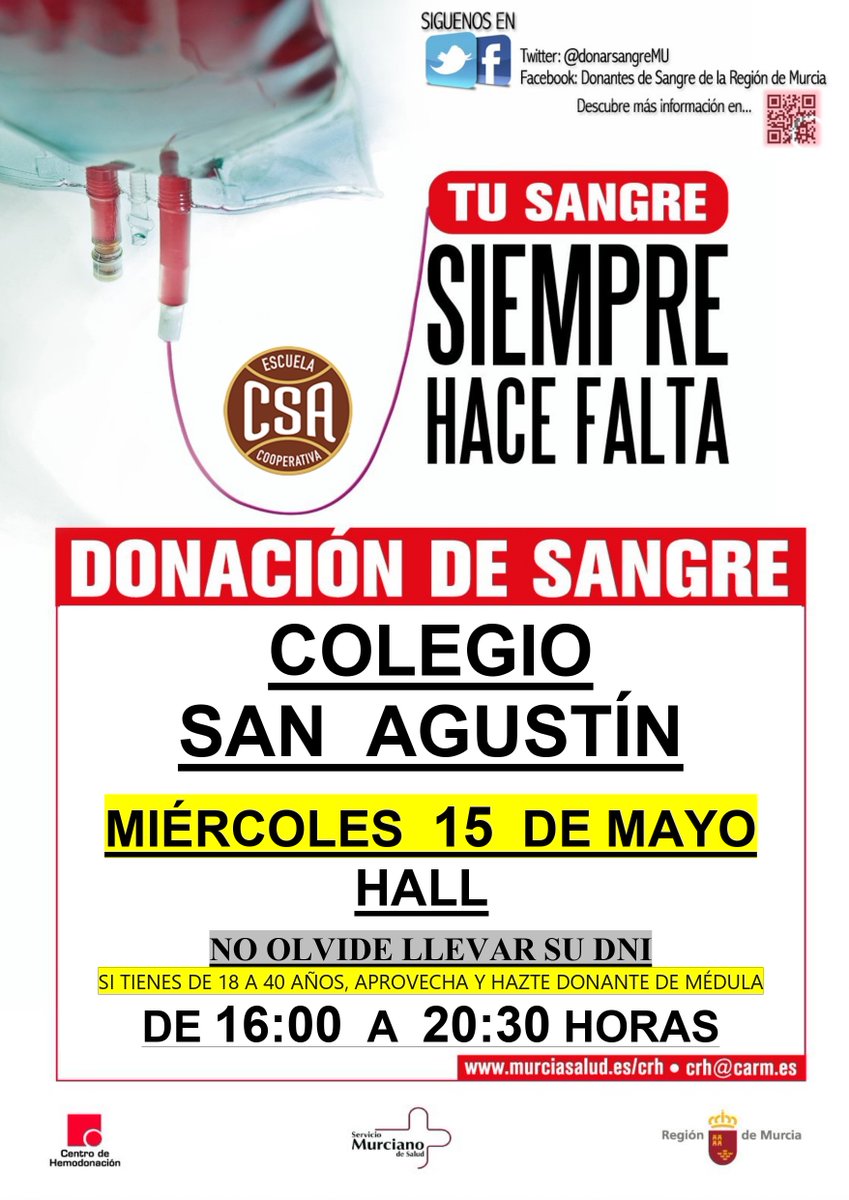 #BuenosDíasATodos #FelizMiércoles y #FelizDíaInternacionaldelasFamilias 👩‍👩‍👧esta tarde el @CSAcooperativa  de #FuenteÁlamo nos abre las puertas de la solidaridad y de la generosidad, te esperamos para #DonarSangre y #RegalarVidas con tu donación, no lo dudes, te necesitamos!!!