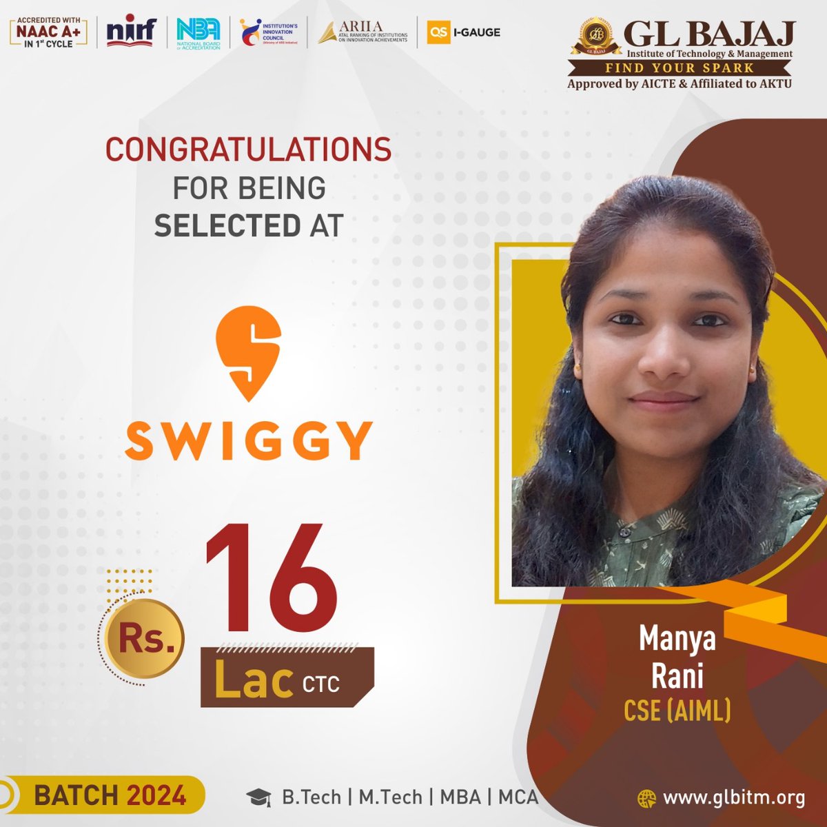 An outstanding student of #CSE (#AIML)Manya Rani, Batch 2024 of #GLBajaj (#GLBITM) has secured an incredible #Placement from campus recruitment at @Swiggy at a #Dreampackage of Rs. 16 Lac CTC. 

#campusplacement #studentplacement #BEaGLBian #topBtechcollege #placement2024