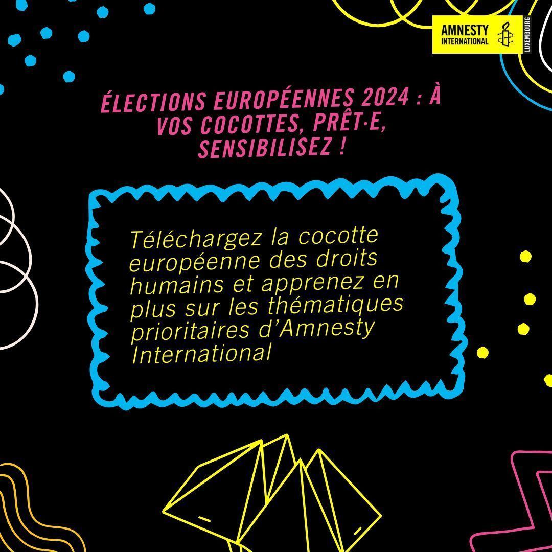 Élections européennes 2024 à vos cocottes, prêt·e, sensibilisez !⭐ 
À l'approche des #électionseuropéennes, nous vous présentons des thématiques importantes pour les #droitshumains et pour #AmnestyInternational avec notre cocotte !

Pour la télécharger 👇 buff.ly/3yeVI1J