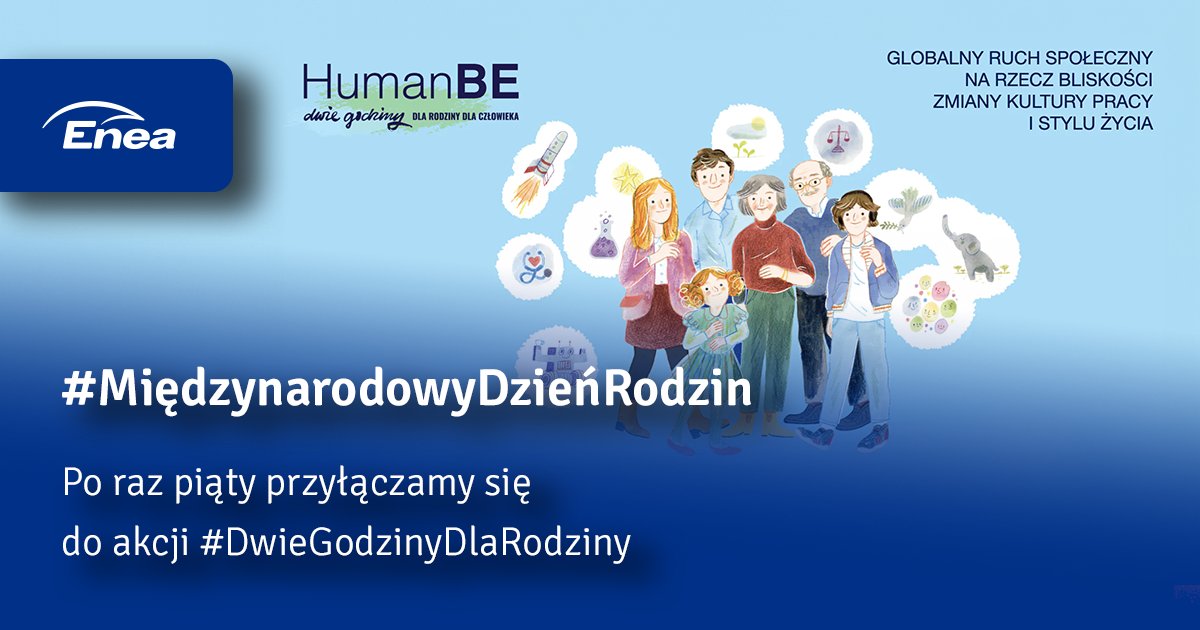 Grupa_Enea's tweet photo. #EneaCSR 🤗 Dziś, w #MiędzynarodowyDzieńRodzin, po raz piąty przyłączamy się do akcji #DwieGodzinyDlaRodziny 👪 To już 13. edycja wydarzenia #2h4family, w którym biorą udział tysiące pracodawców z 59 państw - wśród nich #Enea. Chcemy, by nasi pracownicy budowali dobre więzi, nie tylko w miejscu pracy, ale też w rodzinie, wśród przyjaciół i w gronie znajomych.
Dlatego zdecydowaliśmy się po raz kolejny, w ramach tej szczytnej akcji, podarować naszym pracownikom symboliczne dwie godziny i zachęcać ich do tego, by poświęcali najbliższym jak najwięcej wolnego czasu. Wspólnie promujemy tegoroczną edycję akcji, podkreślając jej hasło: Wielkie marzenia łączą pokolenia.