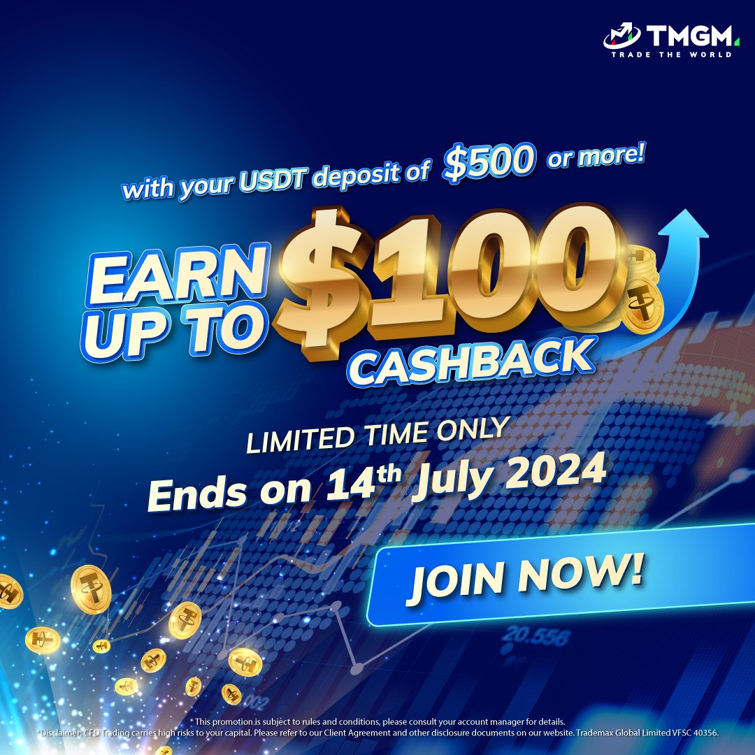 Boost Your Trading with TMGM!💰 Deposit $500 USDT or more and earn up to  $100 cashback! Promotion Period: 13rd May 2024 - 14th July 2024 🗓️  Eligibility: This offer is open to