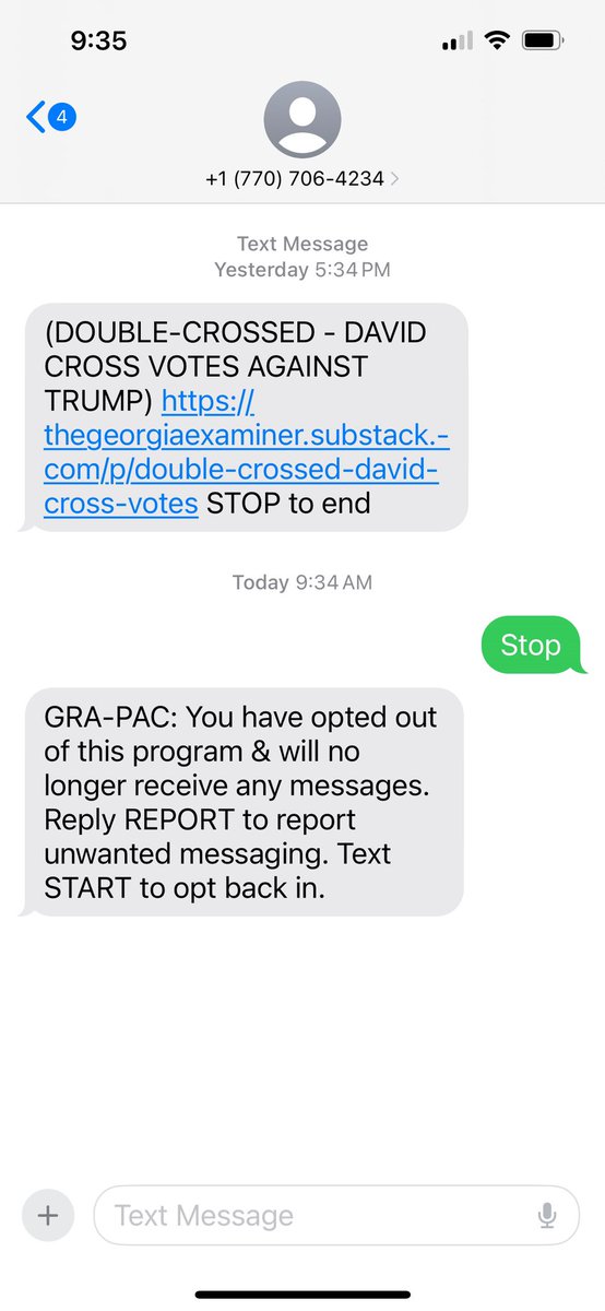 An amateur “hit piece” by a defunct political paper, surfaced today in lots of text boxes. But, if you respond with “stop”, you’ll get a message from what appears to be the Georgia Republican assembly.