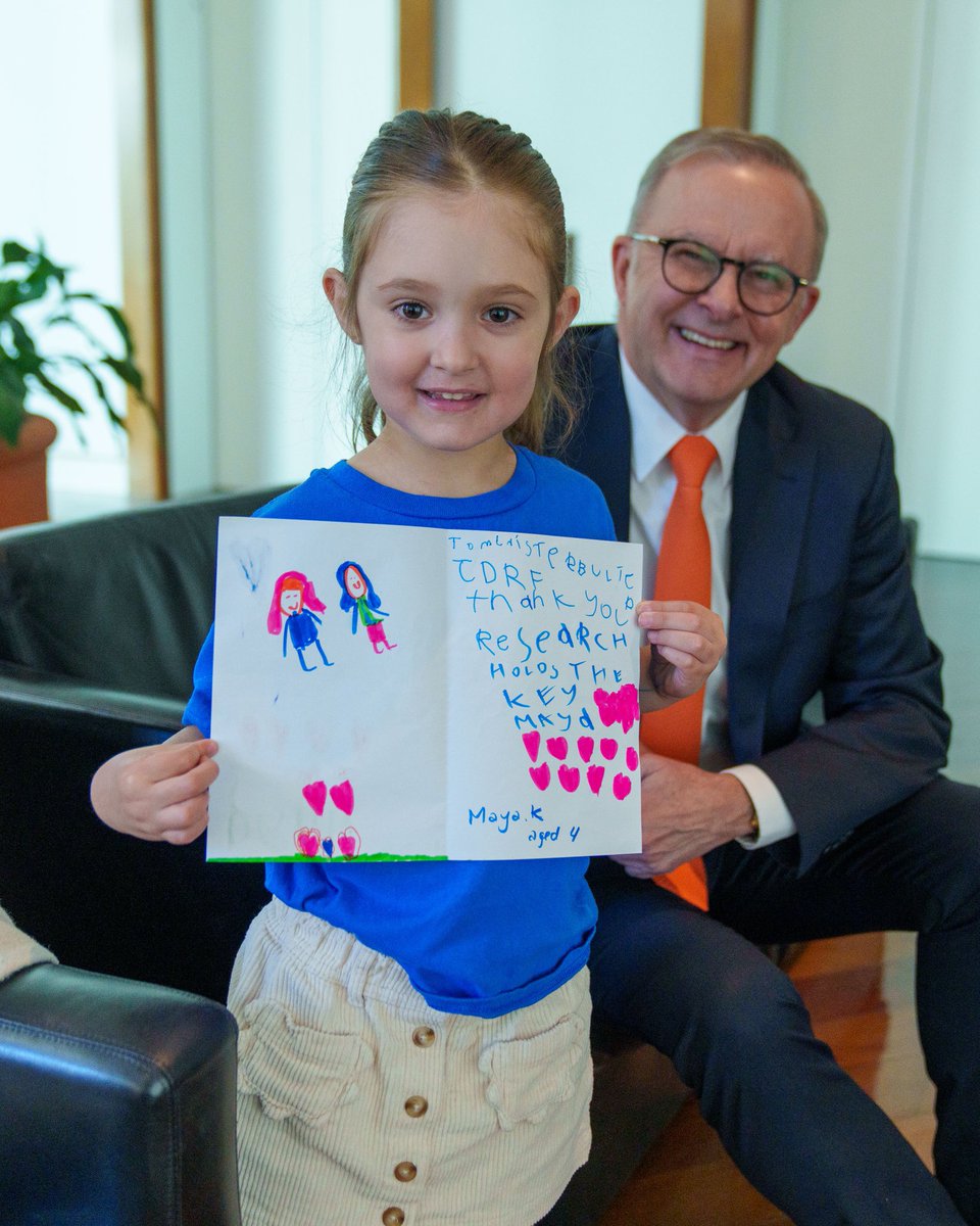 Maya came to Parliament House today with a message about type-1 diabetes. Research is the key. Maya is right, and I'm proud this year's Budget includes support for incredible researchers at @JDRFaus