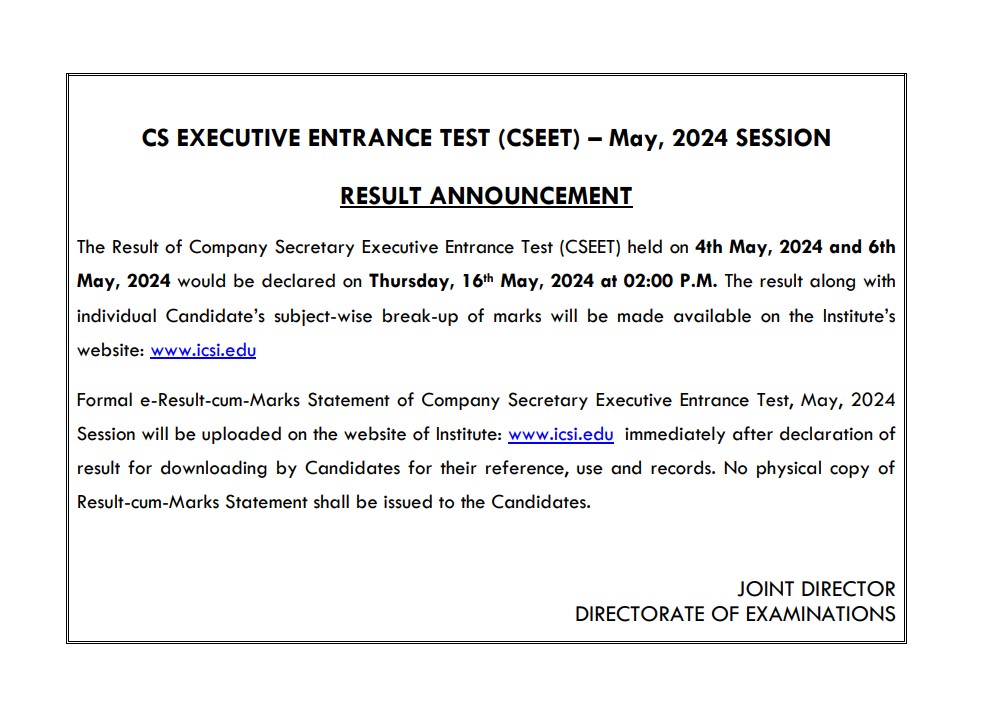 Bccgurgaon's tweet image. The results for the CSEET held on May 4th &amp;amp; 6th, 2024, will be announced on May 16th, 2024, at 2:00 PM! 🎉

Read more :- bccgurgaon.com/cseet-may-2024…

Good luck to everyone! 🍀
 
#CSEET2024 #ExamGuidelines #PreparationIsKey #CSEET #cseetcoachingingurgaon #cseetinstitutenearme