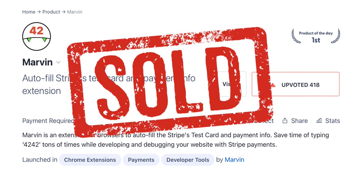 I sold Marvin!

From birth to sale in less than a week — what a time to be alive:

- A couple DMs
- 0 calls
- $1652 (1500€)

This is my first startup acquisition!

Take care of Marvin @mattmerrick16, I hope it helps you grow your Niche Tools 😊